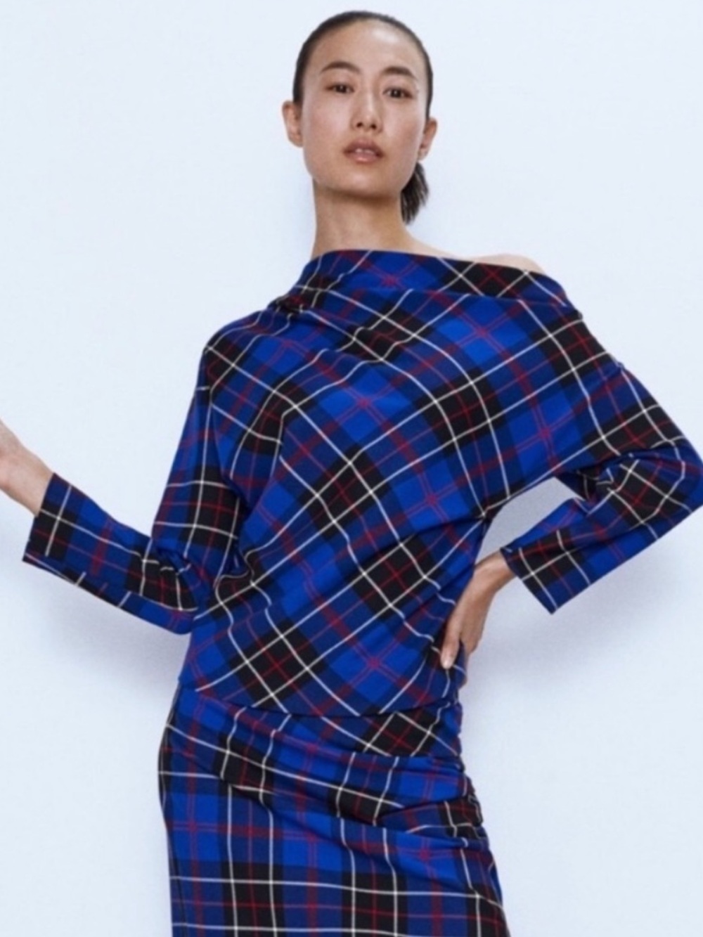 ZARA Blue Plaid Asymmetric Top with Black & Red Accents